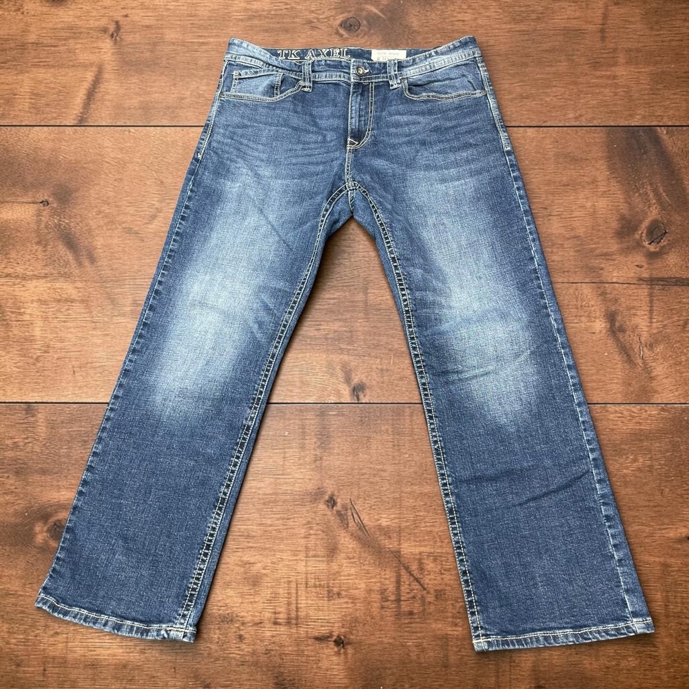 TK Axel‎ Slim Boot Mens Jeans 34x30 Medium Wash Blue Contrast Stitch Denim